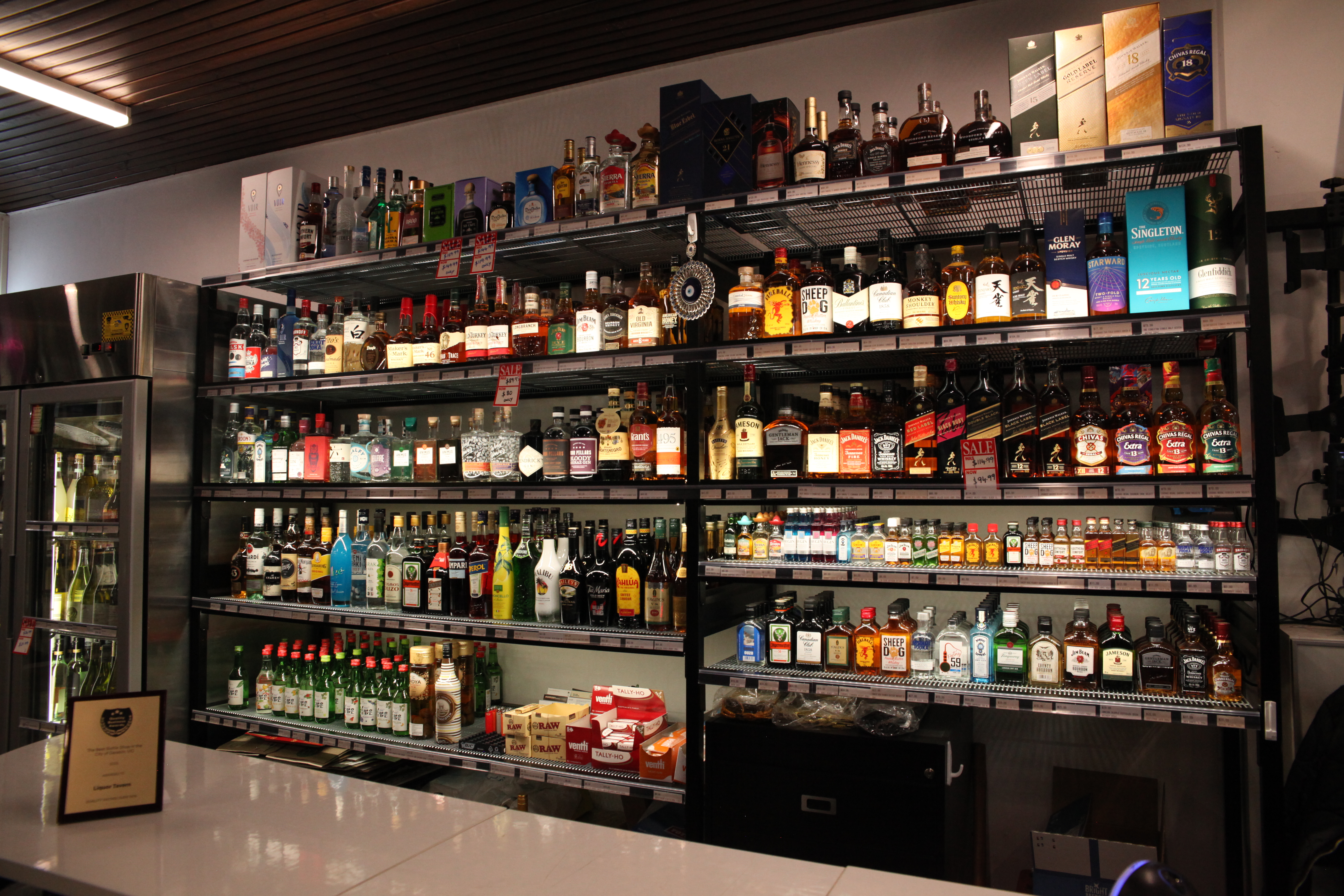 Premium bottles lined on shelves